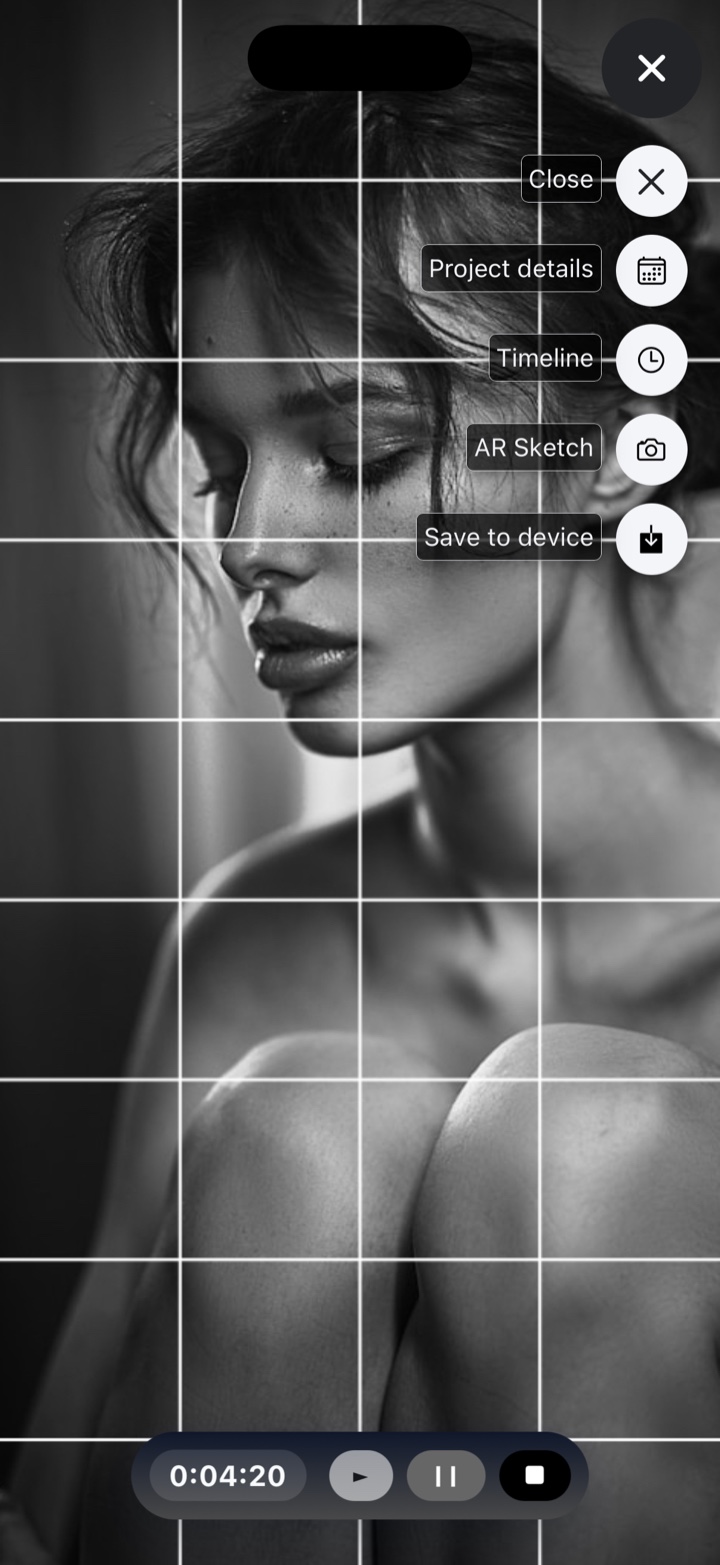 Drawing Grid app showing a reference photo with an adjustable grid overlay, time tracker and project menu including AR Sketch